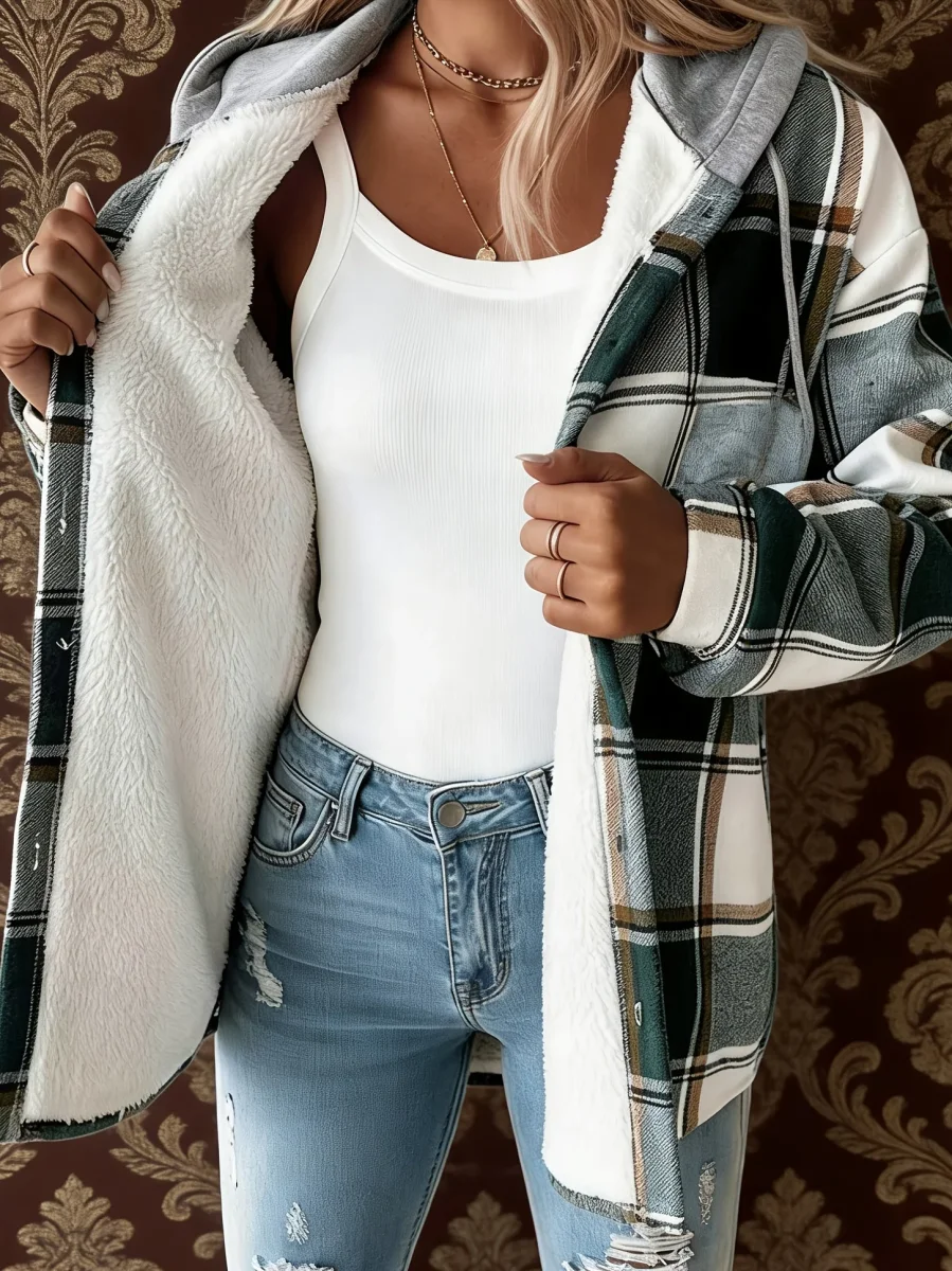 Surchemise Carreaux Femme Capuche Veste Chemise Verte Blanche - Imagen 5