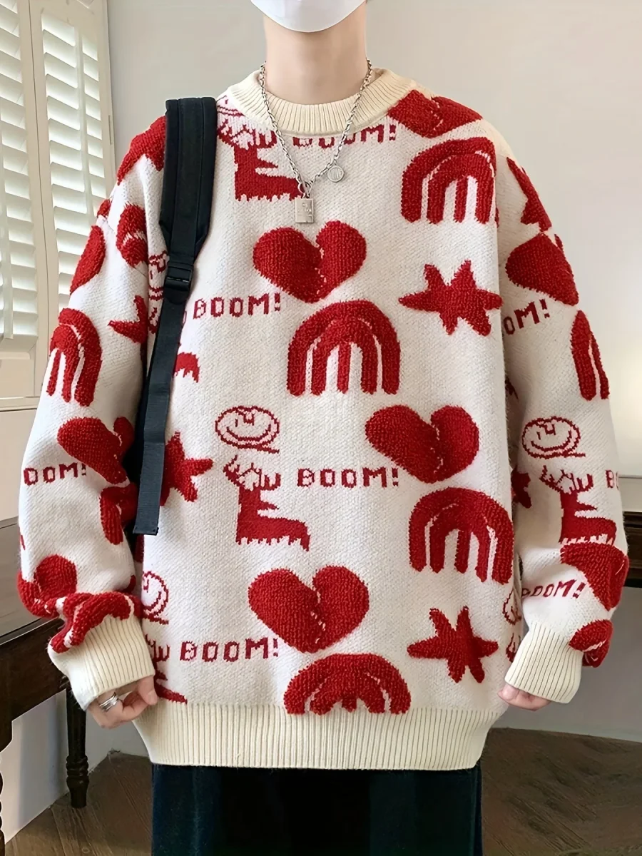Pull tricoté col rond à motifs variés pour homme - Noir, Blanc ou Rouge - Imagen 6