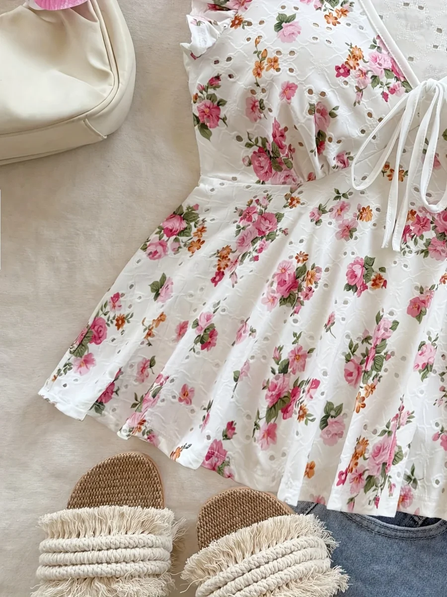 Blouse Femme Style Cottage Peplum à Imprimé Fleuri et Broderie Anglaise – Romantique, Manches Volants, Décolleté Noué - Imagen 5