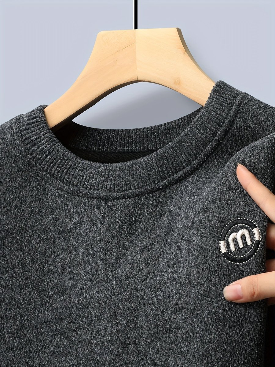 Sweat-shirt polaire homme à col rond, doublure chaude et côtelée, pull uni décontracté - Imagen 8