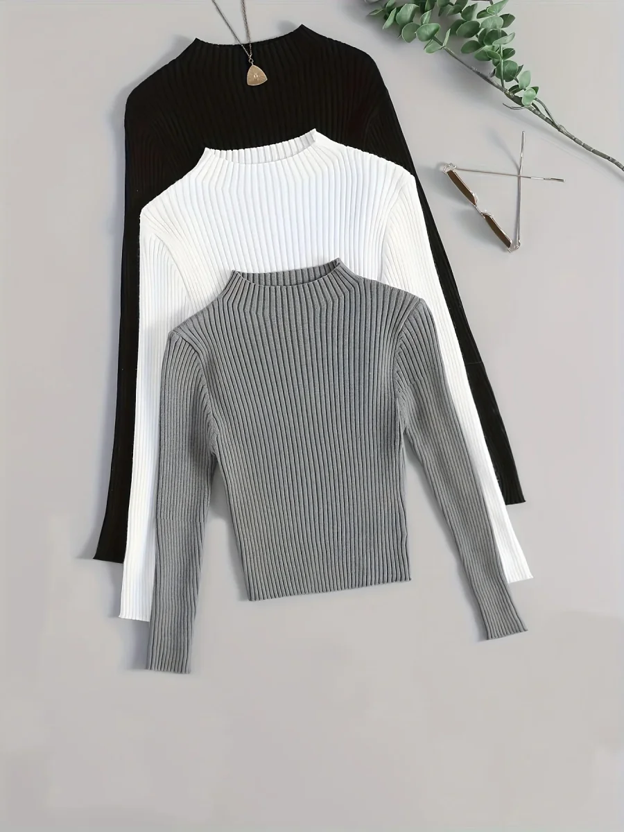 Pull côtelé à col montant pour femme, manches longues - Imagen 5