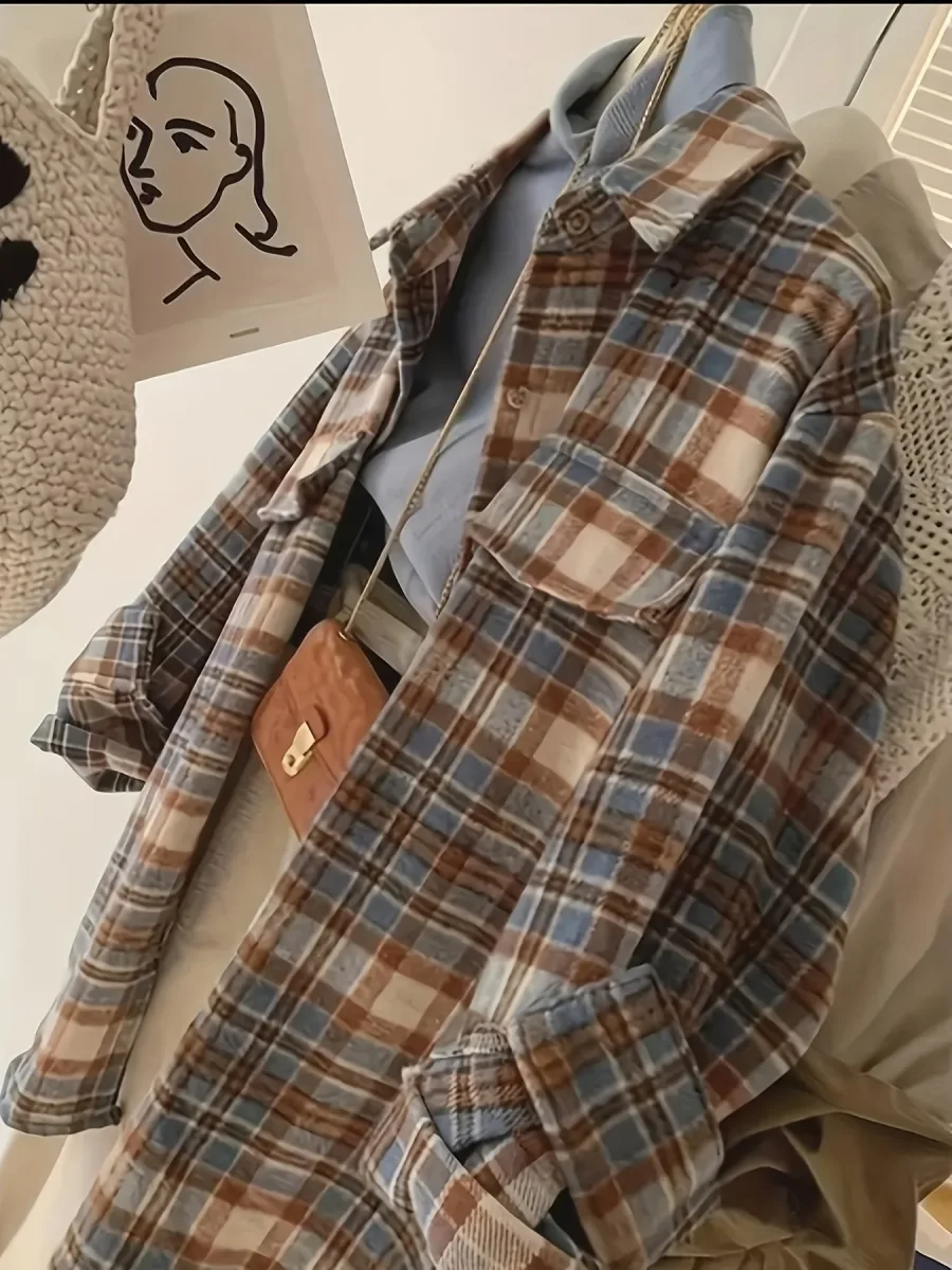 Surchemise à carreaux oversize Femme marron beige bleue décontractée - Imagen 8