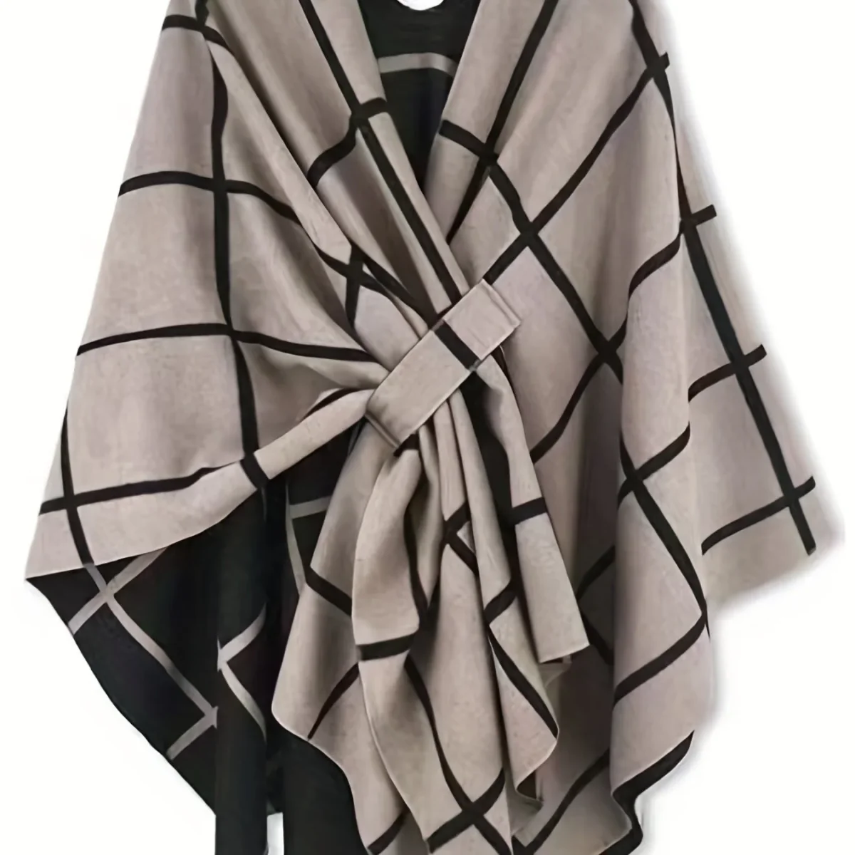 Poncho Réversible Femme Grille Noir et Beige Style Cape Élégante - Imagen 7