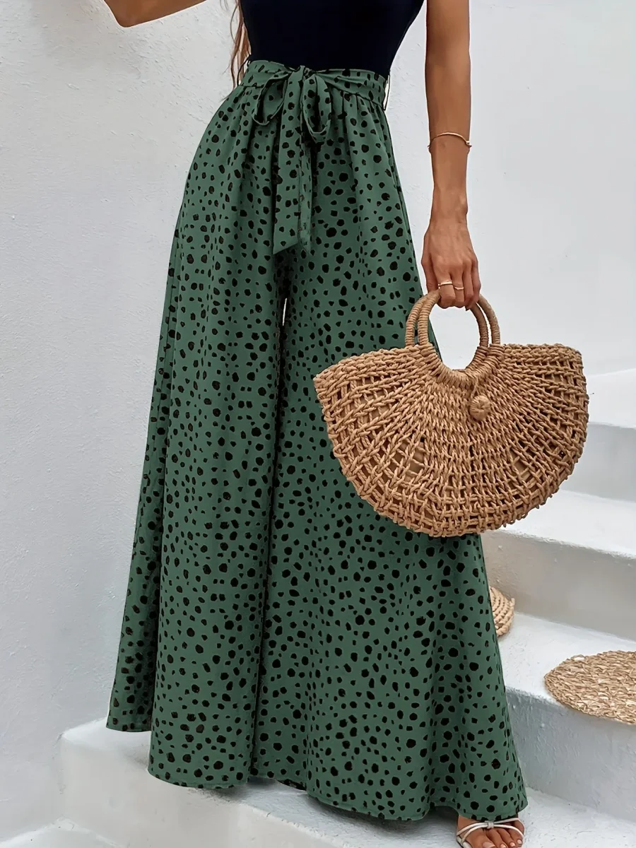 Pantalon large à pois femme style élégant pour printemps/été avec ceinture nouée - Imagen 8