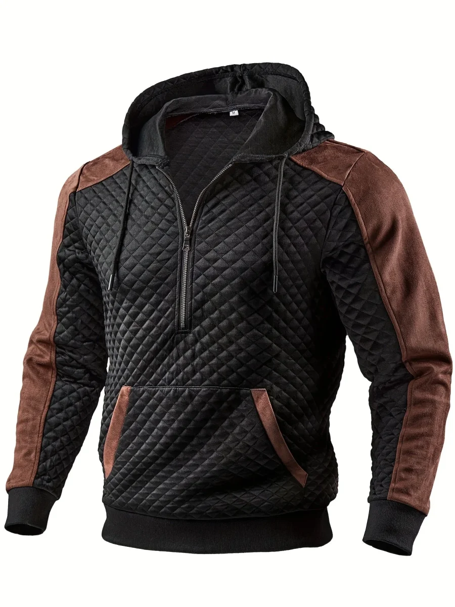 Sweat à Capuche Homme matelassé Noir Marron à Demi-Zip - Imagen 2