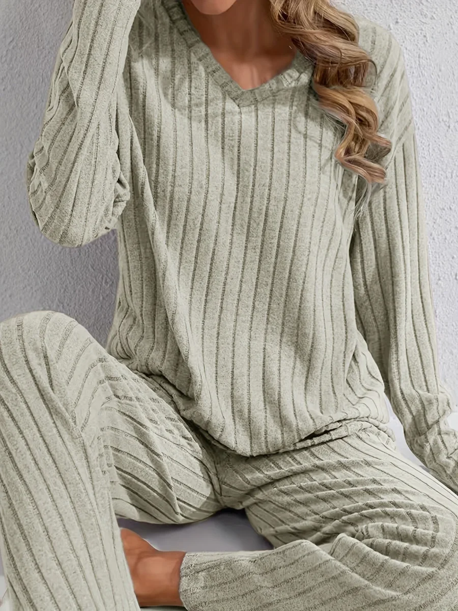 Ensemble détente côtelé Femme col V, pantalon large et haut manches longues - Imagen 7