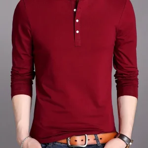 T-shirt Polo Homme Manches Longues Col Mao Rouge Bordeaux