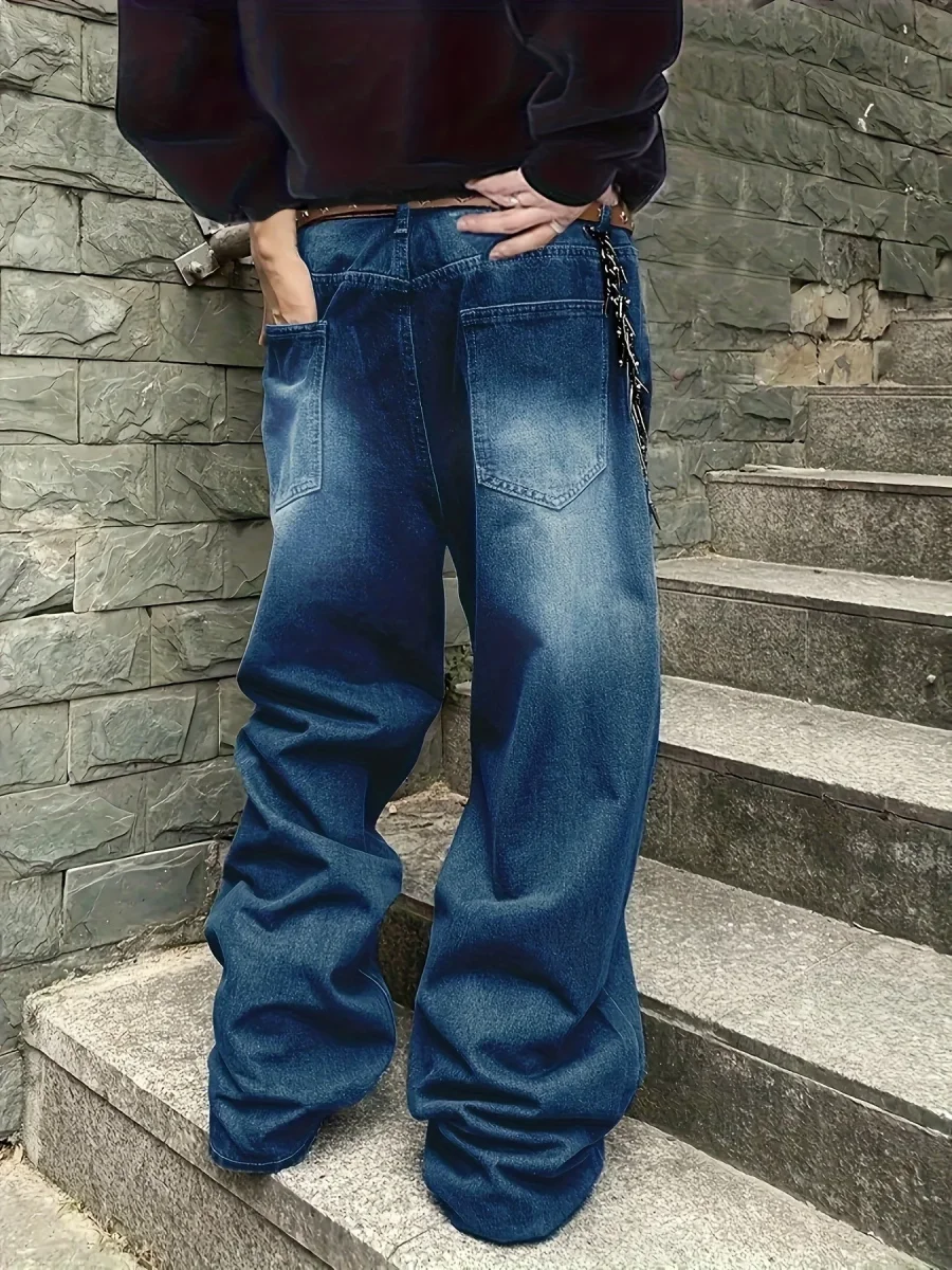 Jean large délavé coupe baggy bleu foncé style urbain unisexe - Imagen 3