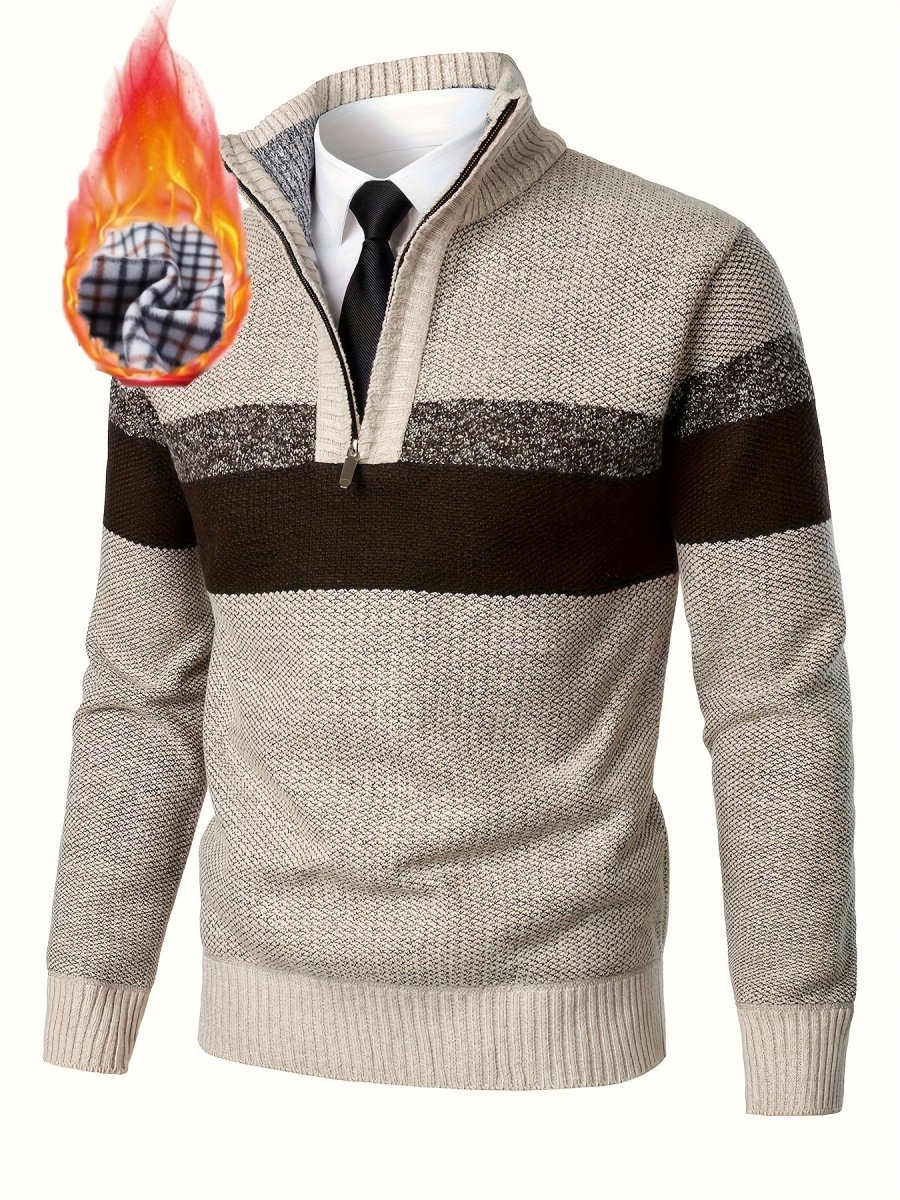 Pull homme tricoté à rayures, col montant zippé, doublure polaire beige et marron - Imagen 8
