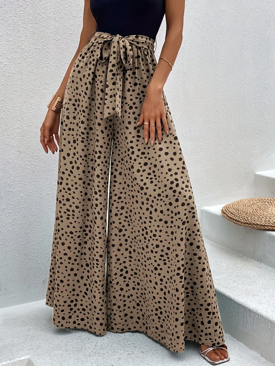 Pantalon large à pois femme style élégant pour printemps/été avec ceinture nouée - Imagen 9