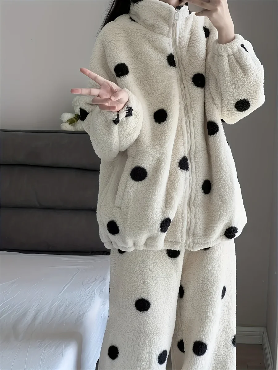 Pyjama Femme Doux Polaire Motif Pois Manches Longues Zip Intégral - Imagen 2