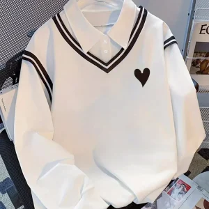 Pull col polo Blanc motif cœur Rayures V-neck manches longues style décontracté