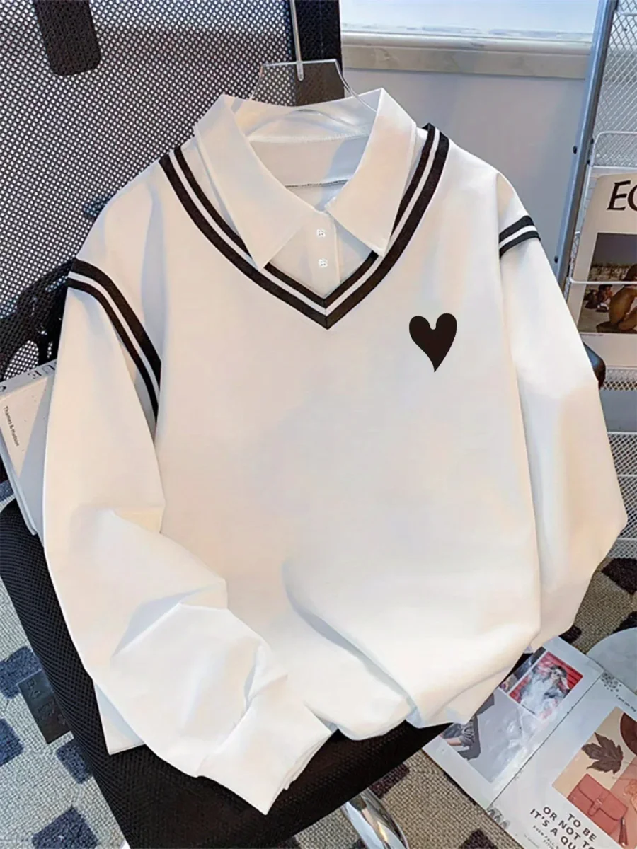 Pull col polo Blanc motif cœur Rayures V-neck manches longues style décontracté - Imagen 2