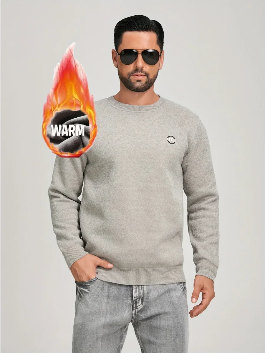 Sweat-shirt polaire homme à col rond, doublure chaude et côtelée, pull uni décontracté - Imagen 3