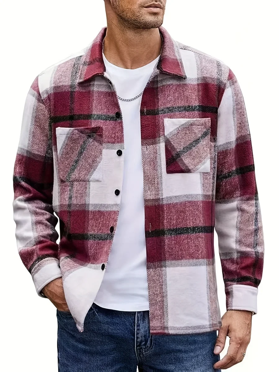Chemise à carreaux homme coupe décontractée avec poches boutonnées marron clair et blanc - Imagen 3