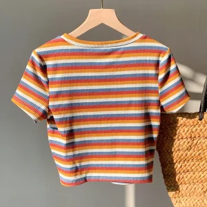 T-shirt rayé à manches courtes pour femme, style décontracté et tendance, parfait pour l'été