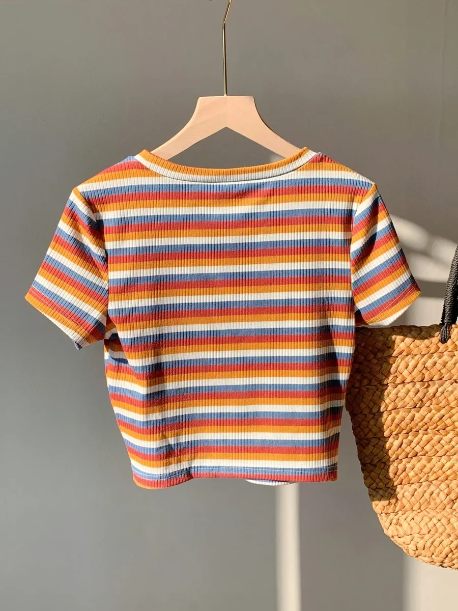 T-shirt rayé à manches courtes pour femme, style décontracté et tendance, parfait pour l'été - Imagen 2