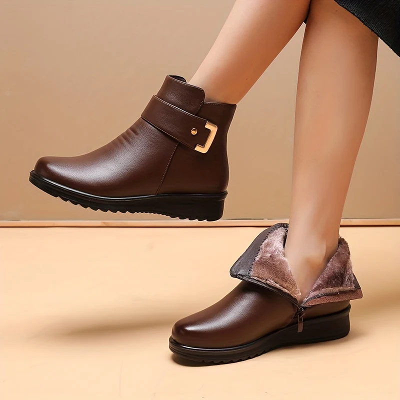 Bottines Femme doublées Chaudes Marron avec Sangle et Boucle Dorée - Imagen 2