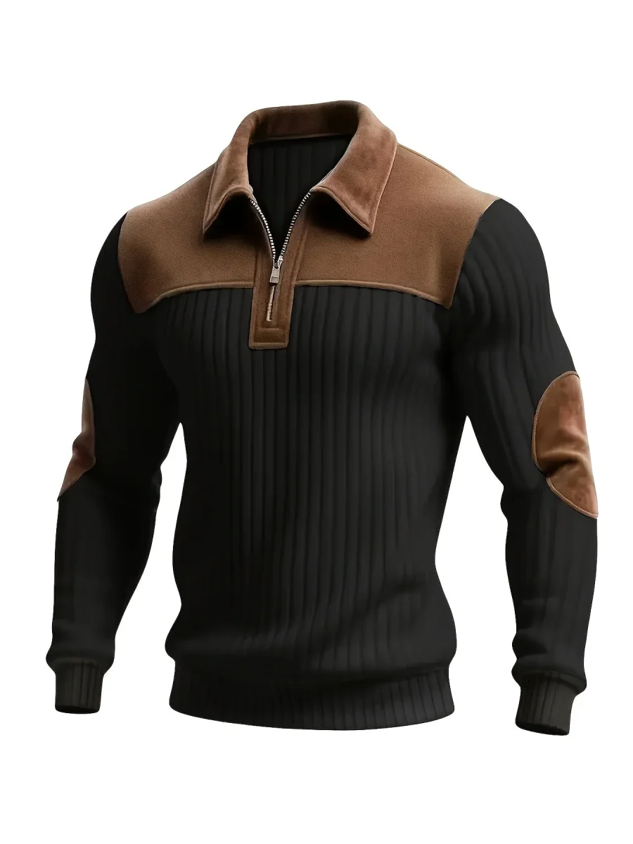 Pull homme côtelé col polo zippé empiècements contrastants coudes et épaules - Imagen 5