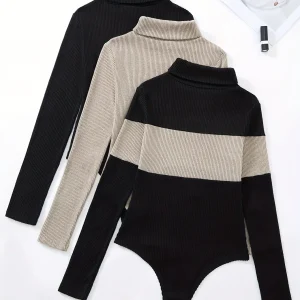 Body côtelé femme col roulé manches longues noir beige