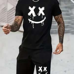 Ensemble décontracté pour homme - T-shirt et short style urbain motif visage smiley graphique