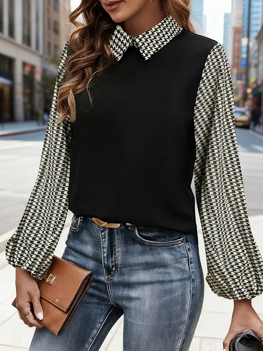 Blouse Femme Noir et Blanc Motif Pied-de-poule Manches Longues - Imagen 2