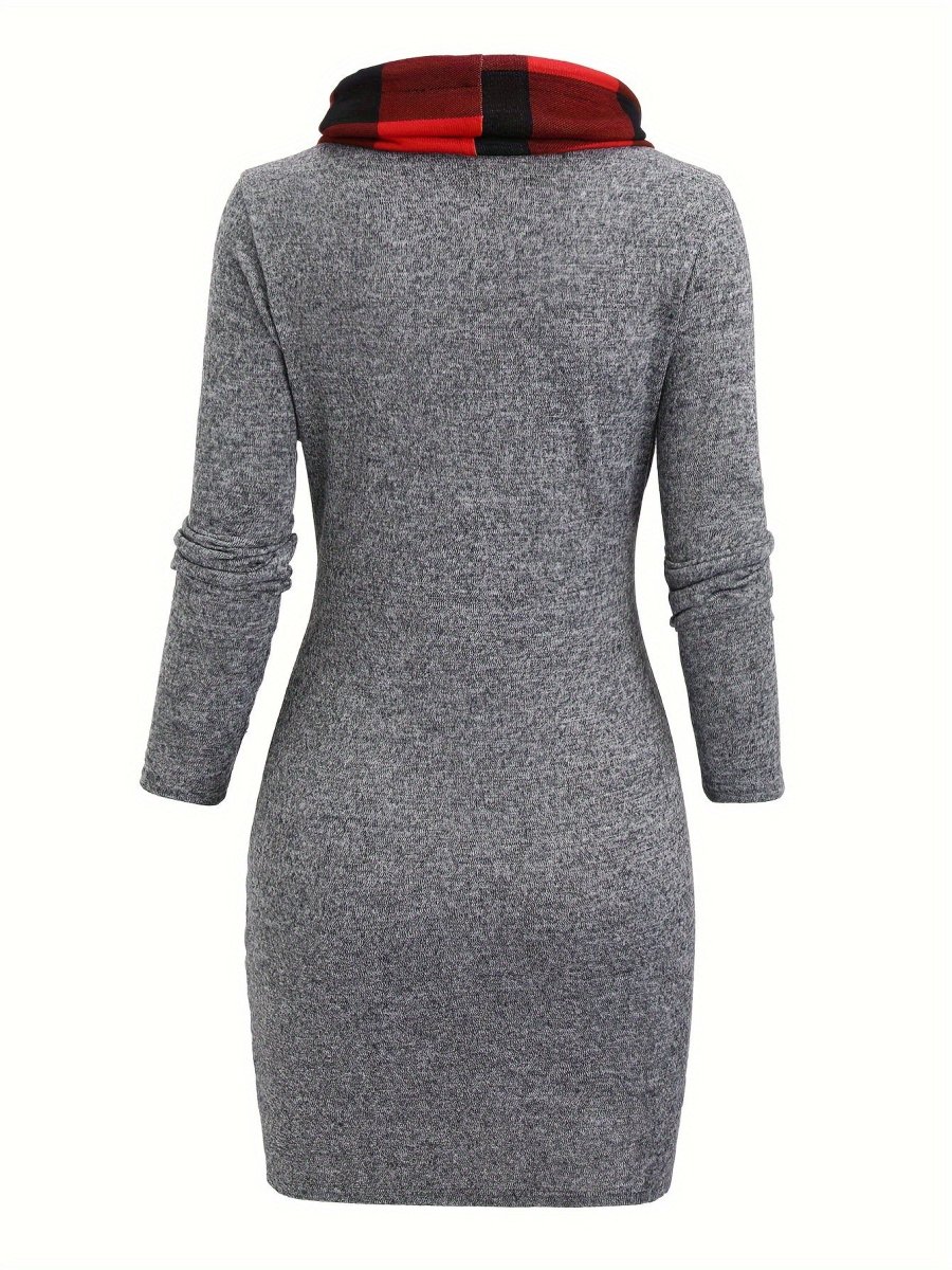 Robe Pull Courte Femme avec Col Cheminée et Motif Carreaux Bicolores - Imagen 9