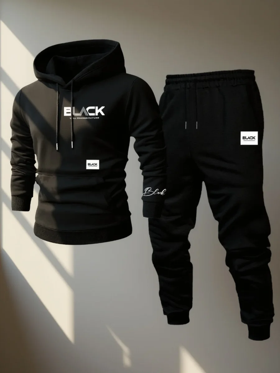 Ensemble Survêtement Homme Capuche et Pantalon Jogging Uni avec Cordon - Imagen 2