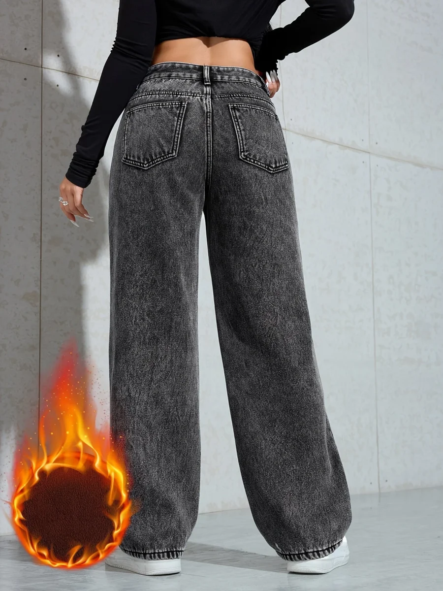 Jean large délavé femme doublé marron taille haute - Imagen 5
