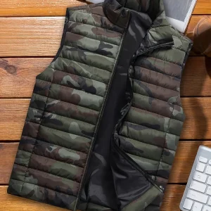 Doudoune sans manches homme matelassée motif camouflage vert militaire