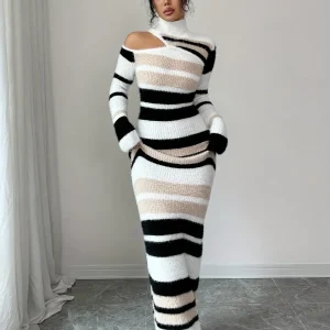 Robe longue moulante à col montant rayée Noir Crème Beige Femme