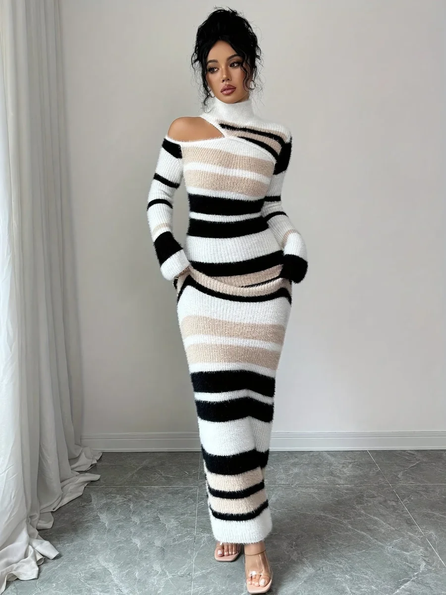 Robe longue moulante à col montant rayée Noir Crème Beige Femme