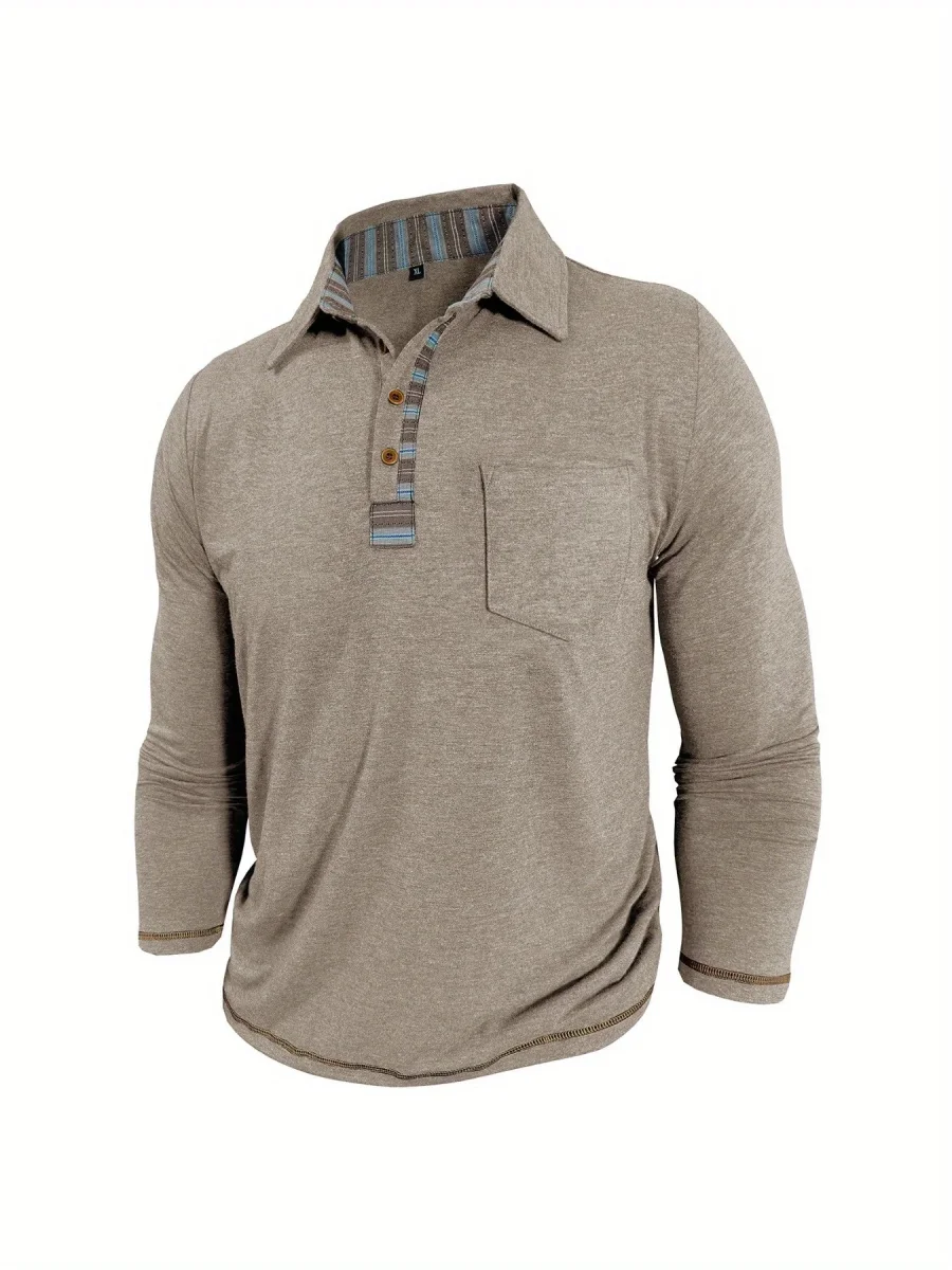 Polo Homme Manches Longues Détails Ethniques Boutons Beige - Imagen 3