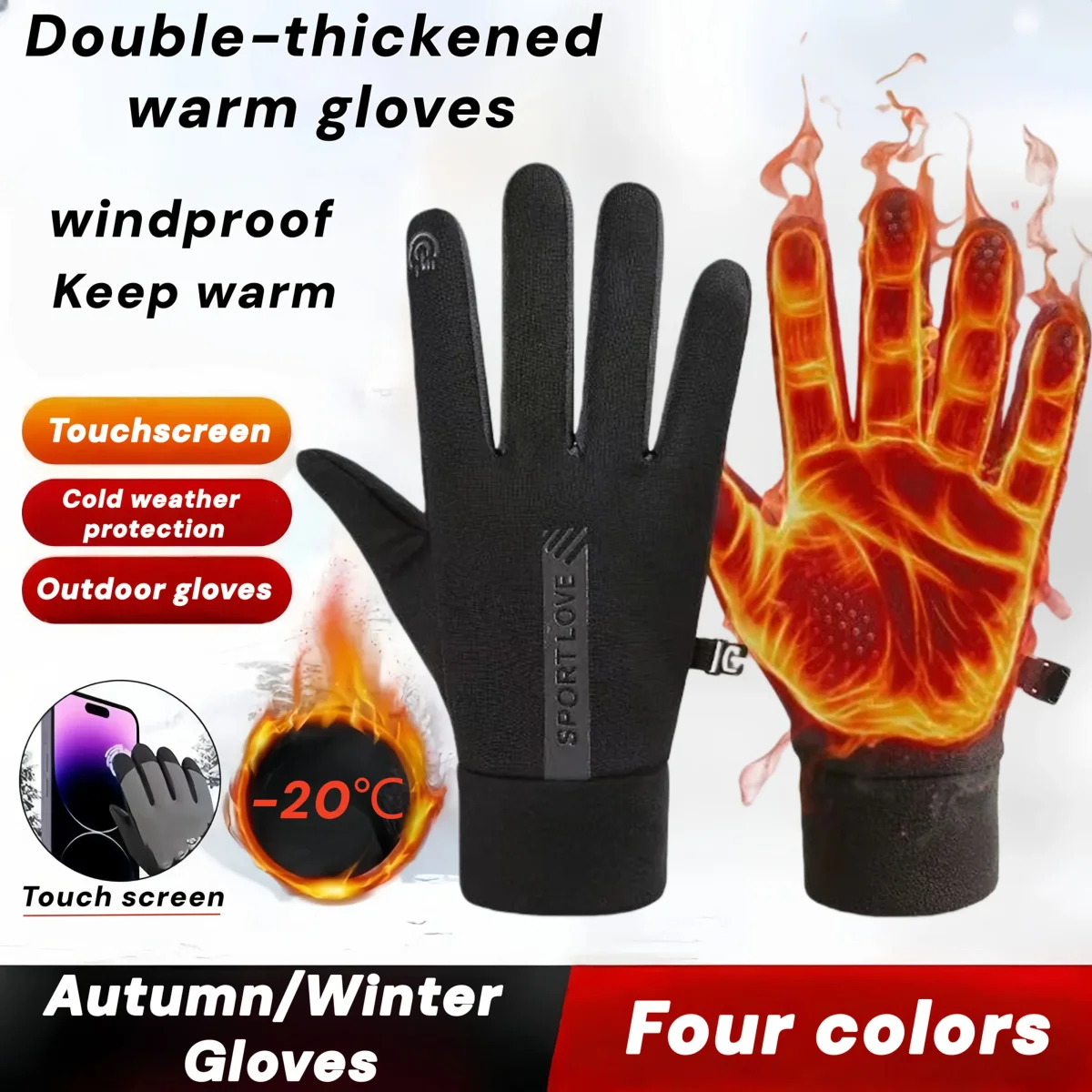 Gants chauds tactiles noirs et gris pour l'hiver, coupe-vent - Imagen 2
