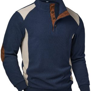 Pull Homme Col Montant Bleu Marine Crème avec Coudières Marron