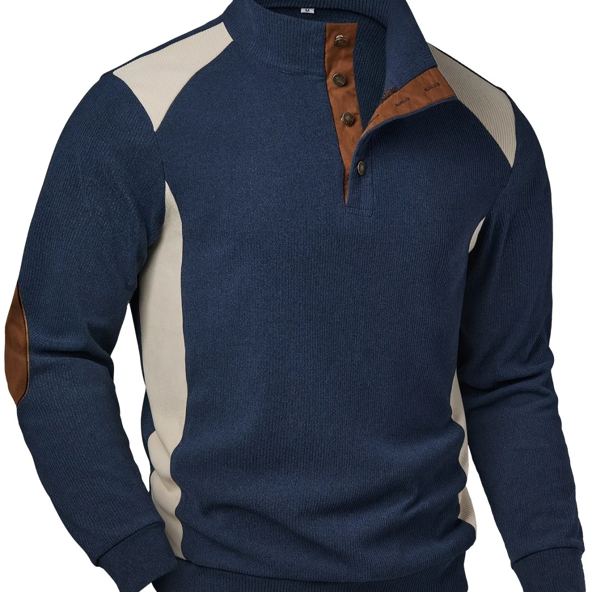 Pull Homme Col Montant Bleu Marine Crème avec Coudières Marron - Imagen 8