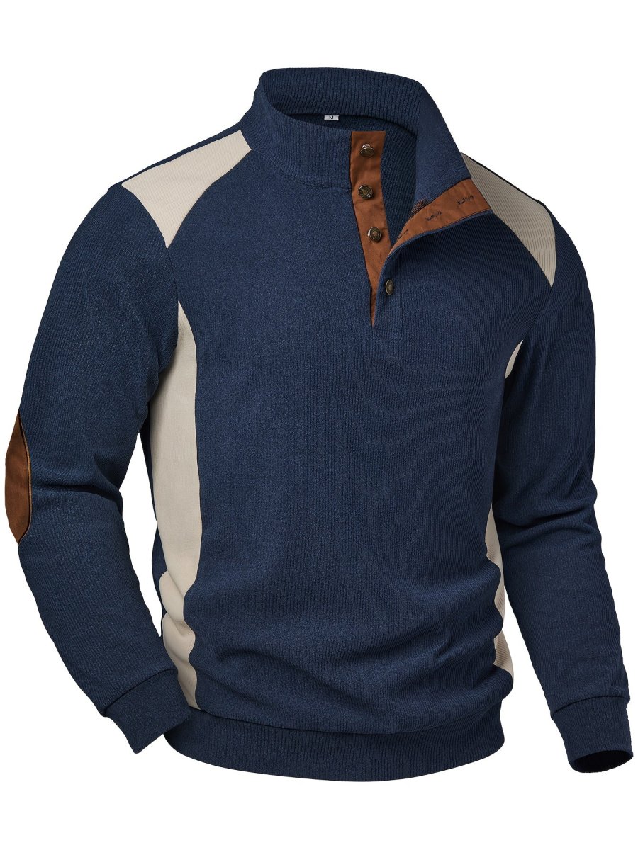 Pull Homme Col Montant Bleu Marine Crème avec Coudières Marron - Imagen 2