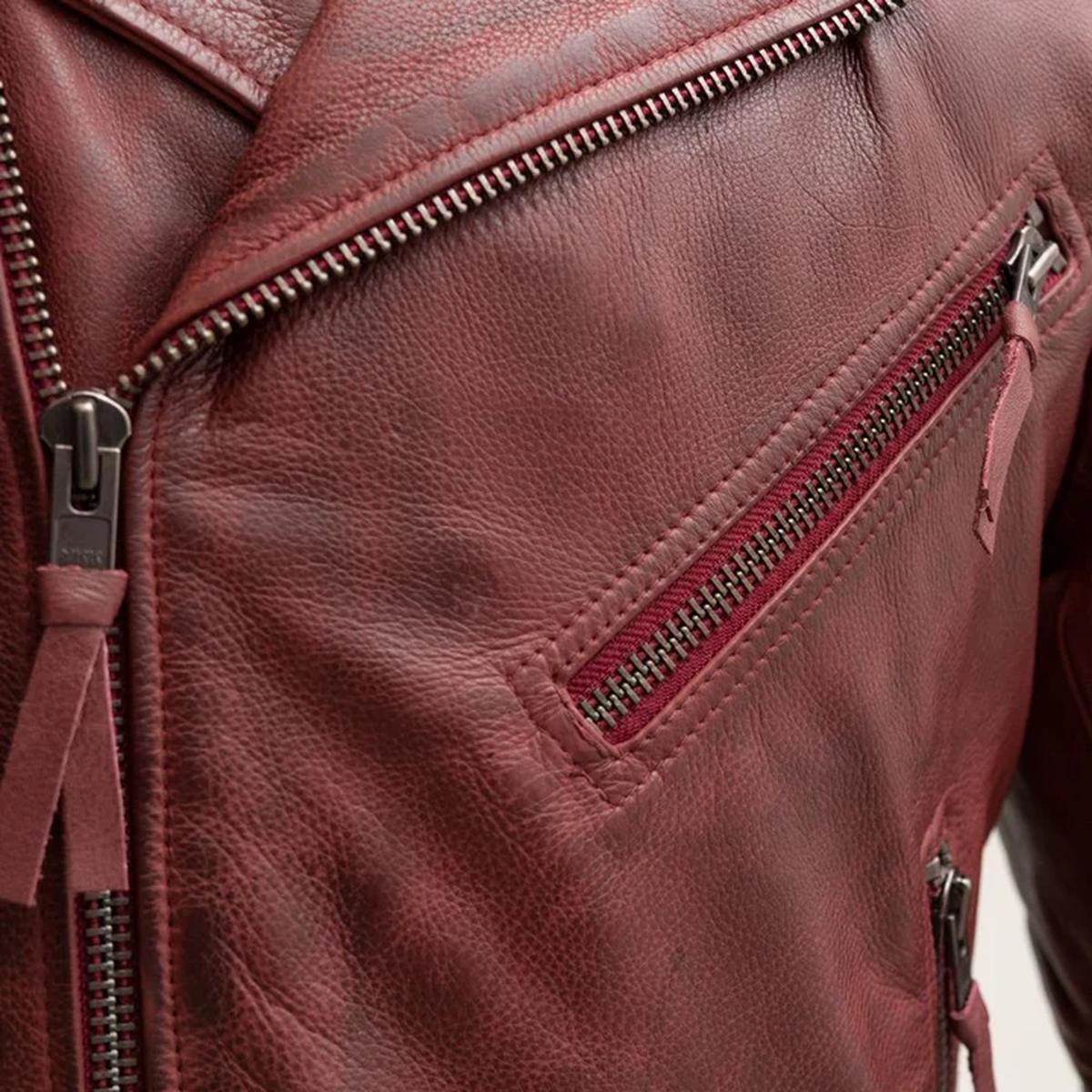 Chaqueta de moto para hombre de piel de oveja marrón - Imagen 3