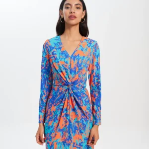 Vestido corto manga larga nudo estampado