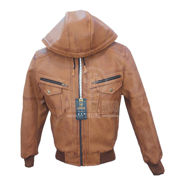 Chaqueta de moto vintage de cuero auténtico para hombre con capucha. - Imagen 4