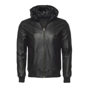 Chaqueta de aviador de piel auténtica con capucha y corte ajustado.