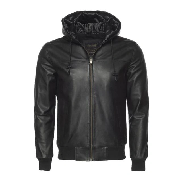Chaqueta de aviador de piel auténtica con capucha y corte ajustado.