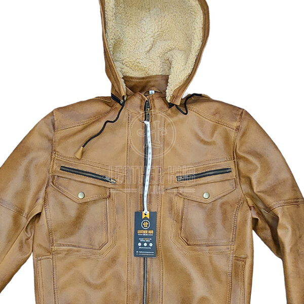 Chaqueta de moto vintage de cuero auténtico para hombre con capucha. - Imagen 6
