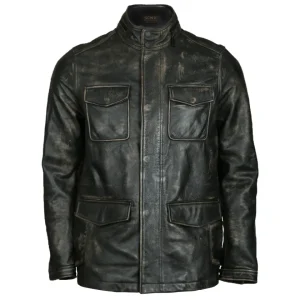 Chaqueta de motorista de cuero auténtico mate con bolsillos de parche.