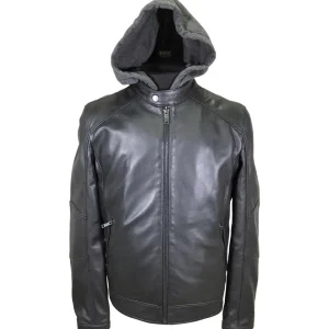 Chaqueta de motorista de cuero auténtico para hombre con capucha desmontable.