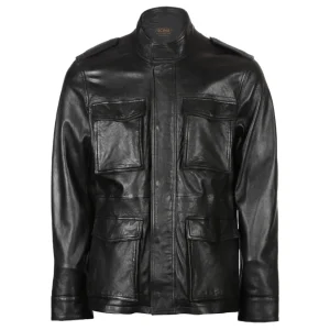 Chaqueta de piel de oveja para hombre con cuatro bolsillos, color negro.
