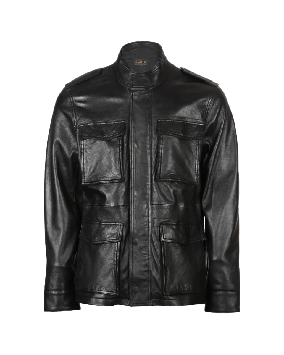 Chaqueta de piel de oveja para hombre con cuatro bolsillos, color negro. - Imagen 3