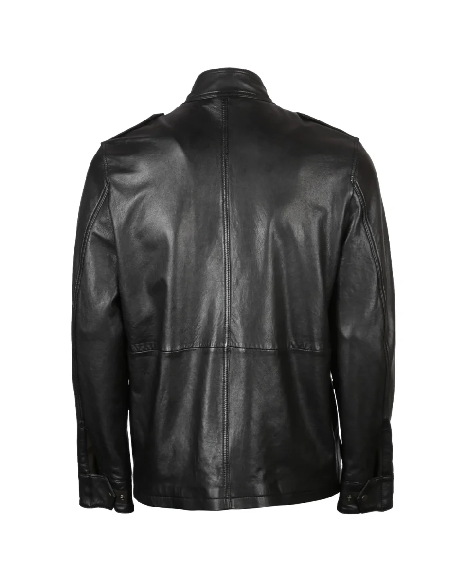 Chaqueta de piel de oveja para hombre con cuatro bolsillos, color negro. - Imagen 4