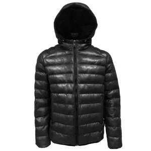 Chaqueta acolchada de piel auténtica para hombre con capucha.