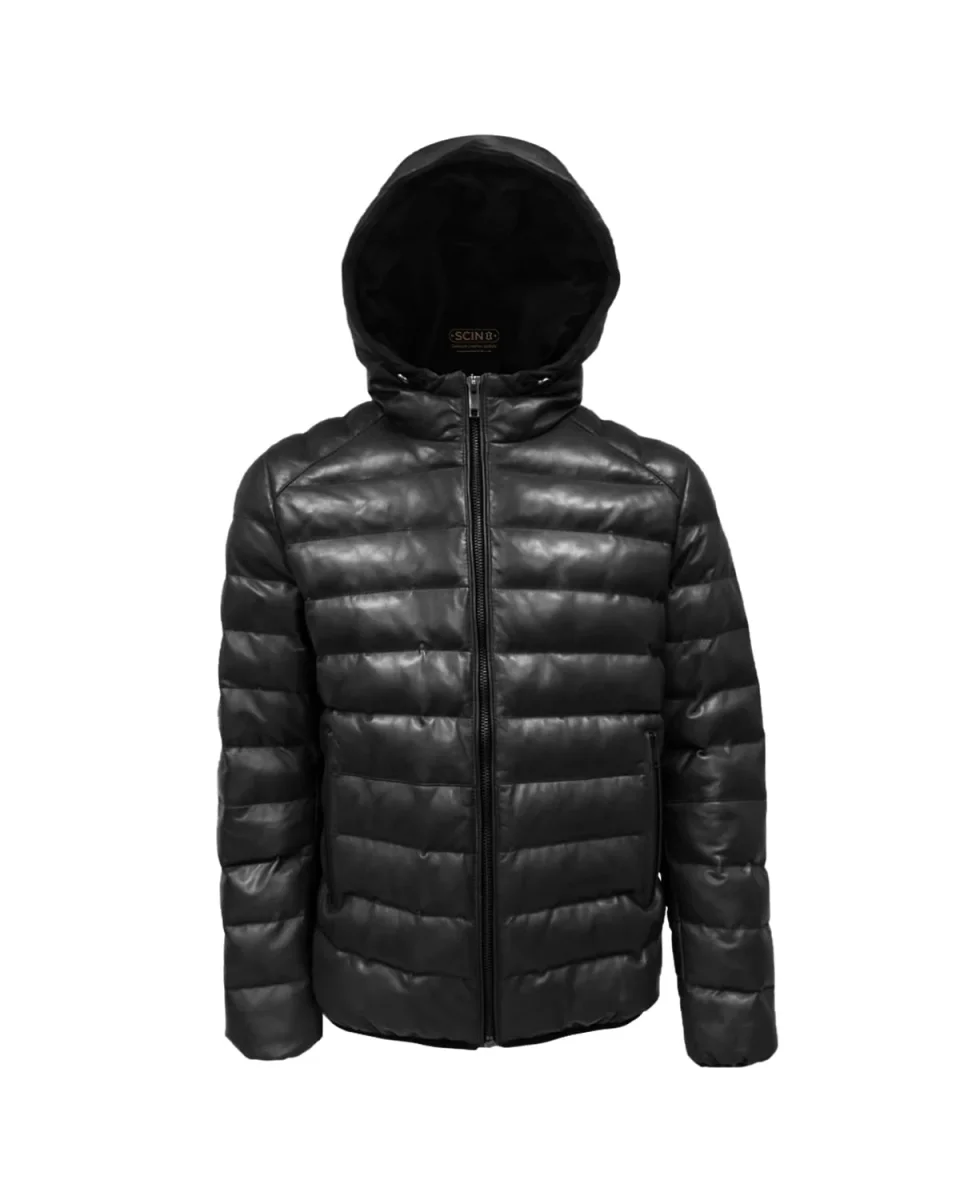 Chaqueta acolchada de piel auténtica para hombre con capucha. - Imagen 3